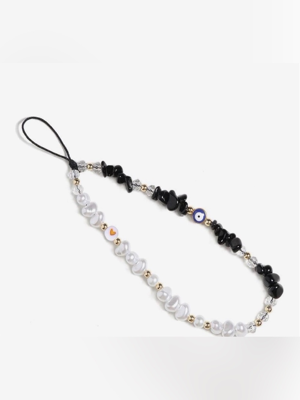 Black & White Beaded Phone Charm with Evil Eye Accent